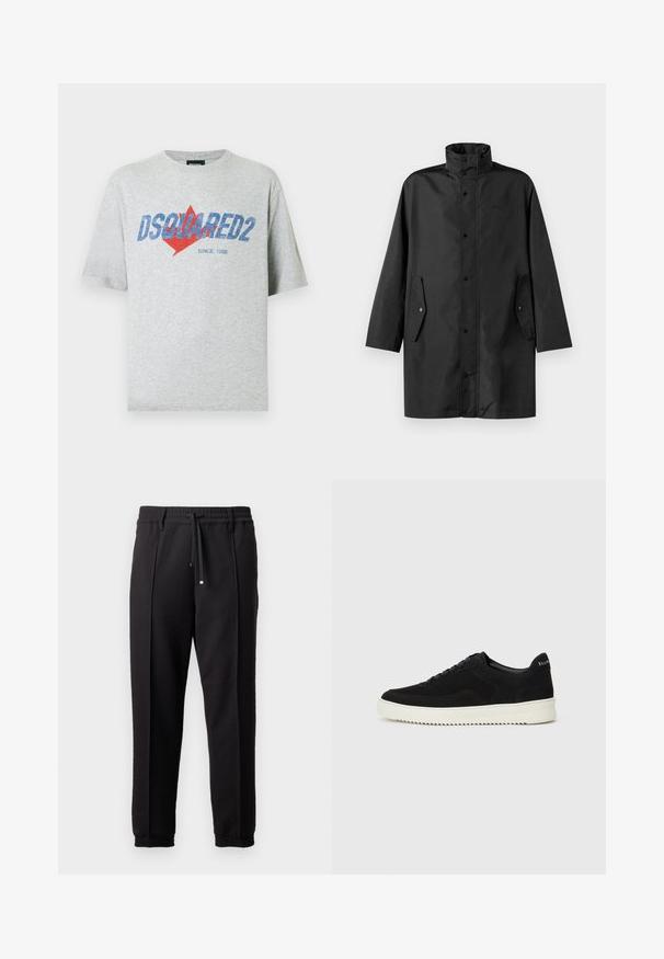 Zwarte waterdichte coat met een hoge kraag, drukknoopsluitingen en zijzakken. Glad materiaal met een relaxte, rechte pasvorm.; Grijs katoenen T-shirt met korte mouwen. Voorzien van een blauw "DSQUARED2"-logo en een ontwerp van een rode esdoornblad. Ronde hals met een losse pasvorm.; Zwarte broeken met een tailleband, koord en elastische boorden. Heeft plooien en een gladde, gestructureerde stof.; Zwarte suède sneakers met vetersluiting en contrasterende witte rubberen zool. Voorzien van textuurpanelen aan de zijkanten en subtiele branding op de hiel.