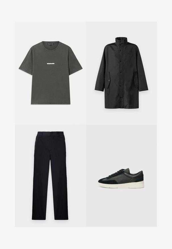 Must tõmbamatud musta vihmajope kõrge kaelusega, nööbiga ja küljetaskutega. Sile kangas ja lõdva sirge lõikega disain.; Hallhalli puuvillane T-särk lühikeste varrukatega, ümmarguse kaelusega ja valge logo prindiga rinnaosas. Sile tekstuur ja vabalt aja veetmise stiil.; Mustad püksid, millel on kerge, tekstuuriga kangas, sirge jala disain, elastne vöökoht ja küljetaskud sipsiga.; Madala kraaniga tennisetossud, millel on musta suedi ja tekstureeritud naha kombinatsioon, valge kummist tall ja mustad laced. Külje peal on õrn bränding.