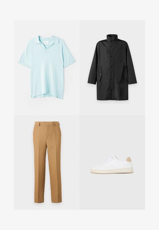 Fekete vízálló kabát, magas gallérral, patentos záródással és oldalsó zsebekkel. Simító anyag, laza, egyenes szabású dizájnnal.; Világoskék, rövid ujjú pólóing, V-nyakkal, laza szabással, puha tapintással és oldalsó részekkel a szabad mozgás érdekében.; Vékony, szőtt anyagból készült bézs szövetnadrág, amely egyenes szabású, sima elülső résszel és övpántokkal rendelkezik. Sima textúrával rendelkezik, látható minták nélkül.; Fehér, alacsony szárú sportcipők textúrált bőr felsőrésszel, krémszínű bordás talppal és barna sarokdíszítéssel. Fehér fűzőkkel és logóval ellátott sarokkialakítással rendelkezik.