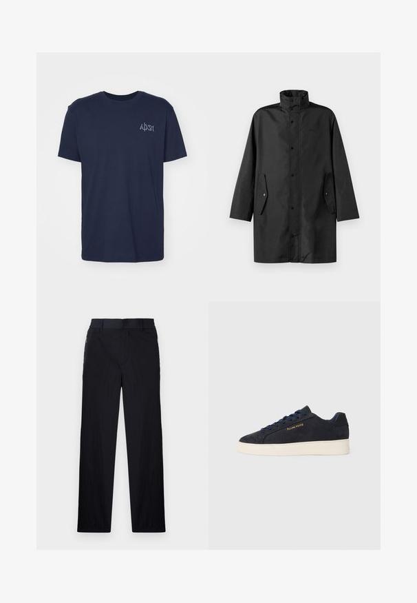 Černý nepromokavý kabát s vysokým límcem, patentkami a bočními kapsami. Hladká látka s uvolněným, rovně střiženým designem.; Námornícky modré bavlněné tričko s krátkými rukávy, kulatým výstřihem a malým vyšitým logem na levém prsu. Klasický střih a hladká textura.; Černé kalhoty s lehkým, strukturovaným materiálem, rovnými nohavicemi, elastickým pasem a postranními zipovými kapsami.; Námornická modrá semišová nízká obuv s bílou podrážkou, námořnickými tkaničkami a zlatým logem "Filling Pieces" na boku.