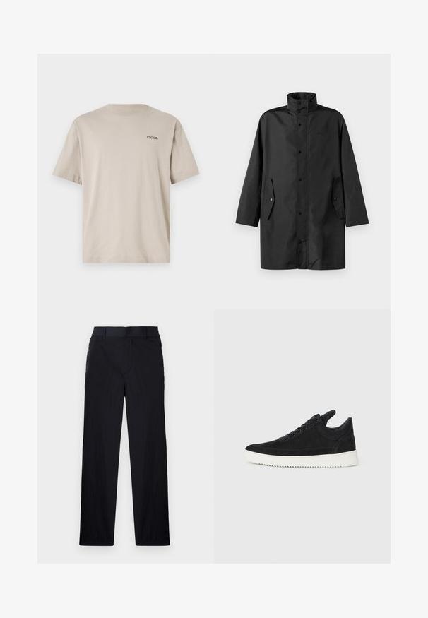 Sort vandtæt frakke med høj krave, trykknaplukninger og sidelommer. Glat stof med et afslappet, lige snit.; Beige bomulds T-shirt med korte ærmer og rund halsudskæring. Har et lille broderet "CLOSED" logo på den øverste venstre bryst.; Sorte bukser i let, struktureret stof, med lige ben, elastisk talje og sidelommer med lynlås.; Sort ruskinds sneaker med en hvid gummisål, der har tonalt syet detalje og snørredesign. Glat tekstur med en moderne, strømlinet form.