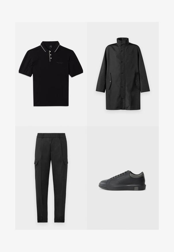 Svart vannavstøtende jakke med høy krage, trykknapper og sidelommer. Glatt stoff med en avslappet, rett skjæring.; Svart polo-skjorte laget av bomull med krage, tre knapper, hvite detaljer og en subtil logo foran. Korte ermer.; Svart cargo-bukser med elastisk midje, innsvingte ben, sidelommer og en enkelt cargo-lomme på venstre lår. Glatt tekstur.; Sorte lærersneakers med en glat finish, rund tå og mørkegrå detaljer. Har snørebånd og en struktureret gummisål.