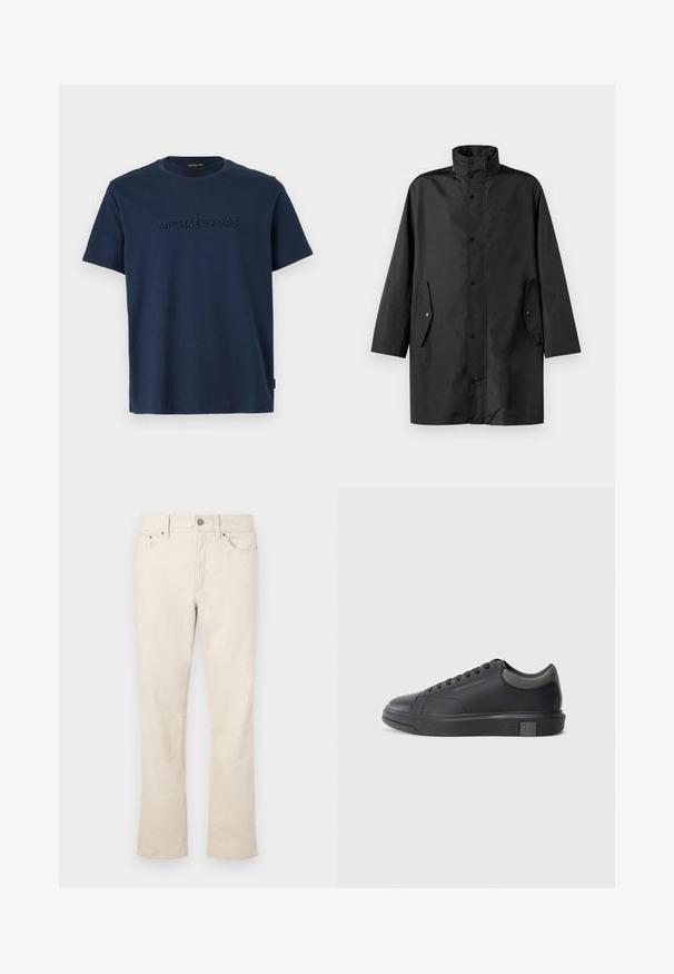 Juodas vandeniui atsparus paltas su aukštu apykakle, sagčių užtrauktuku ir šoniniais kišenėmis. Lygus audinys su laisvu, tiesiu kirpimu.; Tamsiai mėlynas medvilninis marškinėliai su trumpomis rankovėmis ir apvalia iškirpte; priekyje turi iškilų "MICHAEL KORS" logotipą.; Bežiniai džinsai iš medvilnės mišinio su tiesia kojų forma. Savybės: priekyje esantis mygtukas ir užtrauktukas, penkios kišenės ir subtilios siuvimo detalės.; Juodos odinės sportinės bateliai su lygiu paviršiumi, apvaliu nose ir tamsiai pilkais akcentais. Turi raištelių dizainą ir tekstūruotą gumos padas.