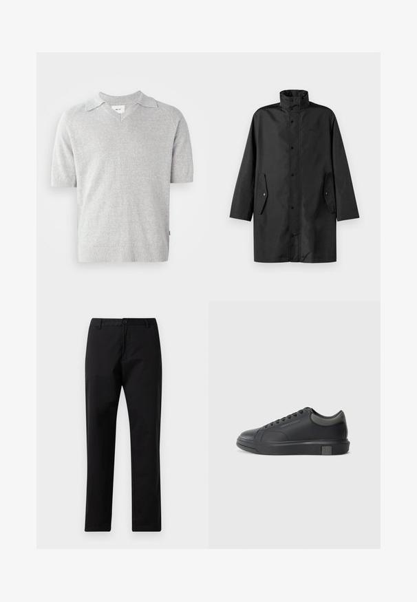 Svart vannavstøtende jakke med høy krage, trykknapper og sidelommer. Glatt stoff med en avslappet, rett skjæring.; Kortermet, grå strikket polo skjorte med V-hals, som har en subtil tekstur og ribbestrikket kant og ermer. Merkeetikett synlig inni.; Svarte rette bukser med knapp- og glidelås-lukking, beltehemper og frontlommer, vist på hvit bakgrunn.; Sorte lærersneakers med en glat finish, rund tå og mørkegrå detaljer. Har snørebånd og en struktureret gummisål.