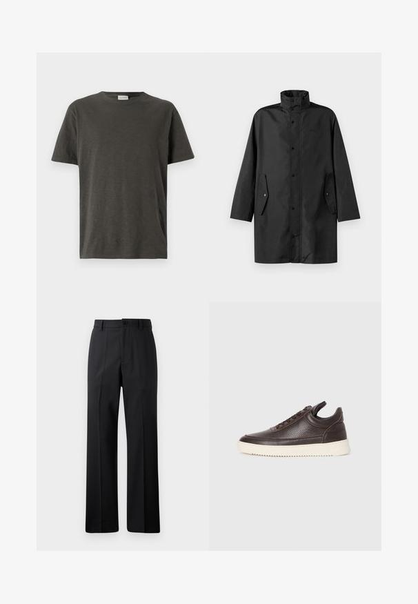 Svart vannavstøtende jakke med høy krage, trykknapper og sidelommer. Glatt stoff med en avslappet, rett skjæring.; Mørkegrå t-skjorte med korte ermer laget av mykt stoff, med rund hals og subtil logo-detalj på den nedre fronten.; Svarte rette bukser med beltestropper, frontknapp og glidelås, vist mot en enkel hvit bakgrunn.; Mørkebrun strukturert lær sneakers med snøring foran og hvit, rillet gummisåle på en enkel lys bakgrunn.