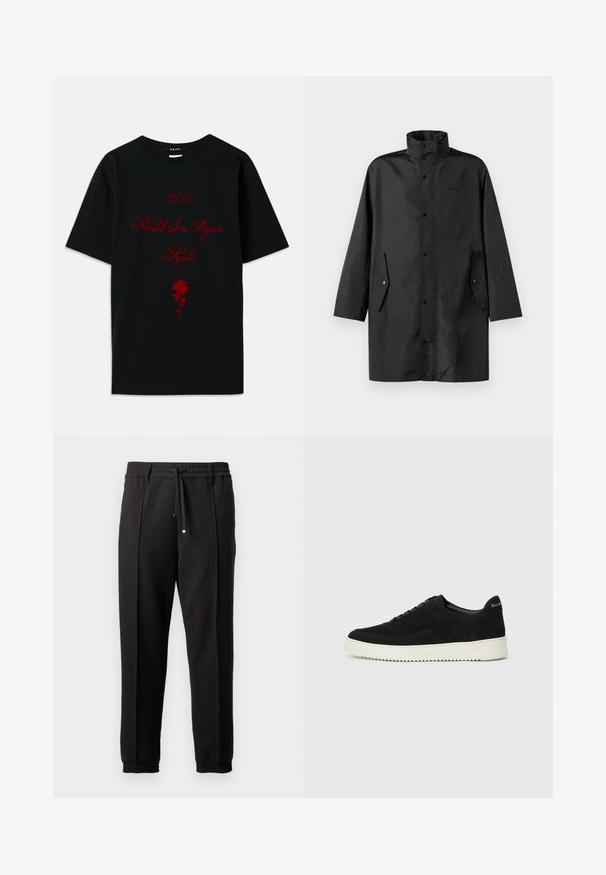 Melna ūdensizturīga jaka ar augstu apkakli, poga slēgšanu un sānu kabatām. Gluda auduma ar brīvu, taisnu griezumu.; Melnas kokvilnas T-krekls ar sarkano uzrakstu: "10/10 atkal grēkos" un rozes grafiku. Vienkāršs apaļo kakla dizains, īsas piedurknes.; Melni bikses ar jostu, staipāmu un elastīgām aprocēm. Ar krokām un gludu, teksturētu audumu.; Melnas zamšas kedas ar auklām un kontrastējošu baltu gumijas zoli. Iekļauj teksturētas sānu panēles un diskretu zīmolu uz papēža.