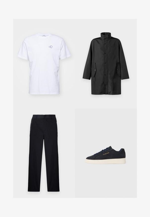 Juodas vandeniui atsparus paltas su aukštu apykakle, sagčių užtrauktuku ir šoniniais kišenėmis. Lygus audinys su laisvu, tiesiu kirpimu.; Balta medvilninė marškinėliai su mėlynu siuvinėjimu kairėje krūtinės pusėje. Trumpomis rankovėmis ir apvaliu kaklu, standartinio kirpimo.; Juodos kelnės, pagamintos iš lengvos tekstūruotos medžiagos, tiesaus silueto, su elastingu juosmeniu ir šoniniais užtrauktukų kišenėmis.; Tamsiai mėlynos zomšos žemos batai su balta siaura, tamsiai mėlynais raišteliais ir auksiniu logotipu „Filling Pieces“ šone.