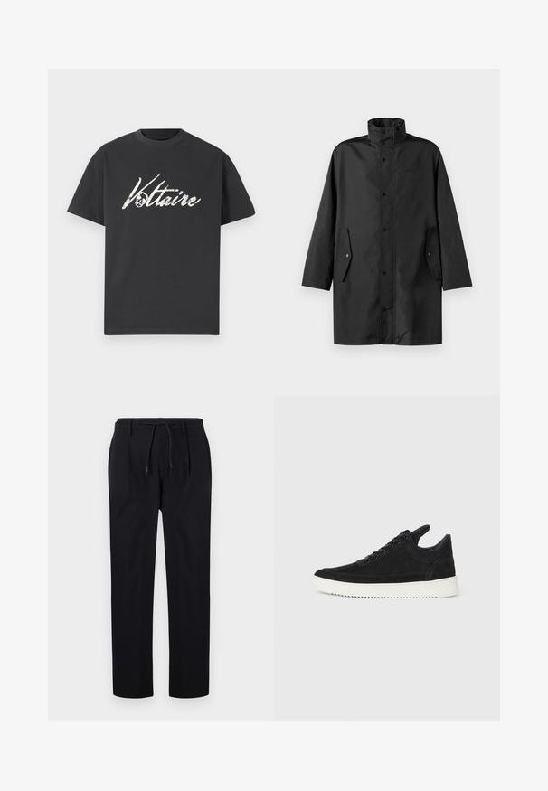 Melna ūdensizturīga jaka ar augstu apkakli, poga slēgšanu un sānu kabatām. Gluda auduma ar brīvu, taisnu griezumu.; Melna kokvilnas T-krekls ar lielu baltu grafisko printu, kurā attēlots "Voltaire" kopā ar skeleta dizainu. Īsas piedurknes, apaļa kakla izgriezuma forma un brīva piegriezuma stils.; Melni bikses, kas izgatavotas no gludas auduma, ar auklu jostasvietā, taisnām kājām un priekšējiem bārkstiem, lai nodrošinātu strukturētu izskatu.; Melna zamša apavi ar baltu gumijas zoli, ar tonālu izšuvumu un auklu dizainu. Gluda tekstūra ar mūsdienīgu, plūstošu formu.