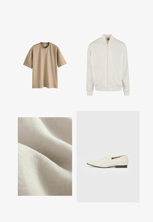 Valkoinen pommikoneen takki, jossa on vetoketjukiinnitys, ribbauskaulus ja -hihansuut sekä sivutaskut. Sileä, kevyt kangas, jossa on minimaalinen yksityiskohtaisuus.; Lyhythihainen t-paita vaaleanruskeana, pehmeästä kankaasta valmistettu, jossa on pyöreä kaula-aukko ja rento leikkaus ilman näkyviä kuvioita tai yksityiskohtia.; Vaalean beige pellava kangas, jossa on tekstuuripinta, näyttää pehmeitä ja virtaavia laskoksia sekä hienoa kudontamallia.; Vaaleanbeige loaferit, joissa on terävä kärki, sileä materiaali, nauha vampin yli ja matala ruskea pohja. Yksinkertainen muotoilu, jossa on minimaalista korostusta.