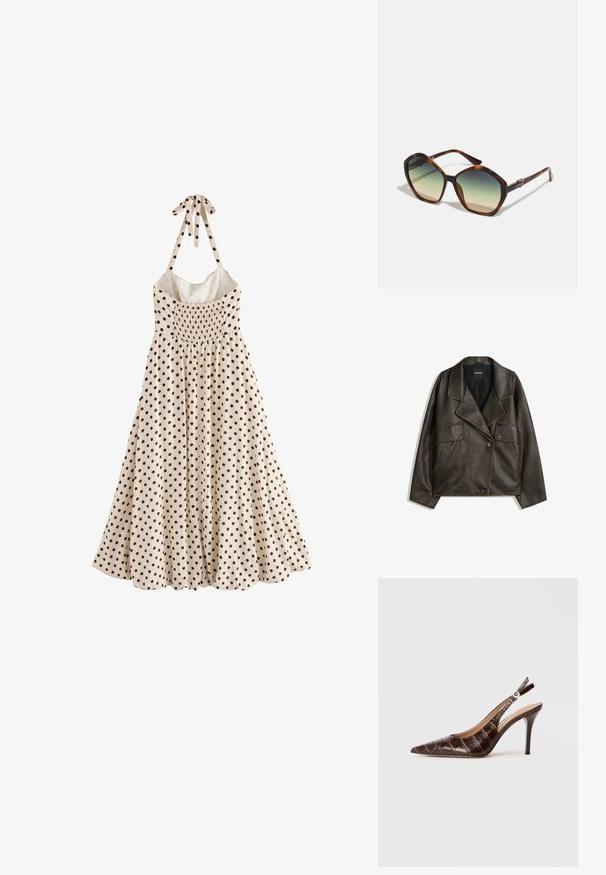 Veste en cuir synthétique marron avec un design à double boutonnage, des revers et deux poches avant. Détails de surpiqûre notables le long des coutures.; Une robe sans manches, de couleur crème, est ornée de pois noirs, avec un buste froncé et un nœud au cou, tombant jusqu'à un ourlet évasé.; Escarpin slingback en cuir marron embossé croco, avec un bout pointu, des côtés ouverts et un fin talon haut. Conçu avec un système de réglage à boucle.; Lunettes de soleil en écaille de tortue marron avec une monture large et angulaire et des verres dégradés passant de foncé à clair, comportant des accents métalliques.