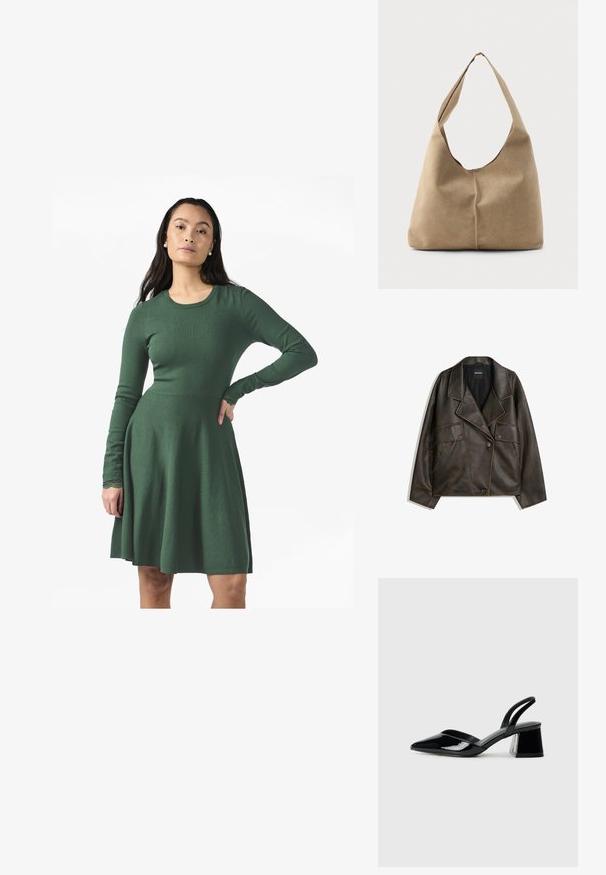 Barna műbőr dzseki, dupla gombos kialakítással, hajtókákkal és két elülső zsebbel. Figyelemre méltó díszvarrás a varratok mentén.; Zöld, hosszú ujjas ruha, puha kötött anyagból. Fitt felső résszel és bő szoknyával rendelkezik, csipke díszítéssel az ujjak mandzsettáján.; Fekete lakk bőr szandálkés magas sarkú cipő, hegyes orral és geometrikus tömbsarkakkal. Karcsú, minimalista dizájn és sima textúra jellemzi.; Puha bézs velúr hobo táska laza formával, széles vállpánttal és kézzel varrt varrási részlettel az elején.