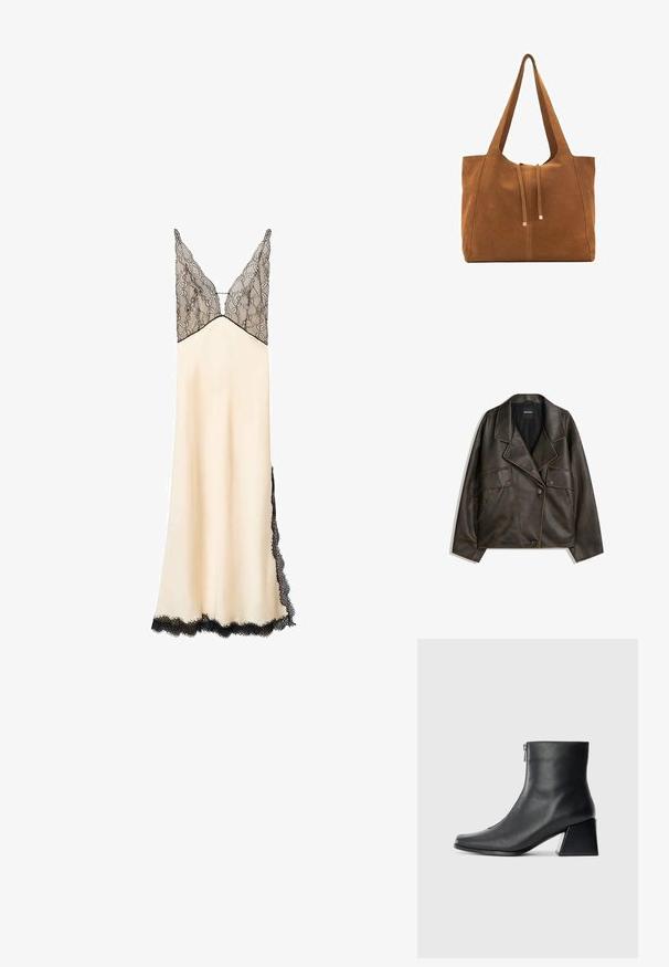 Bruine neplederen jas met een dubbelzijdig ontwerp, revers en twee voorkepers. Opvallende stikdetails langs de naden.; Satin nachtjurk in crème met een zwart kant lijfje en afwerking. V-hals en verstelbare bandjes. Vloerlengte met zijpanelen van kant.; Zwarte leren enkellaars met vierkante neus, zijrits en blokhak tegen een effen lichte achtergrond.; Bruine suède schoudertas met twee lange hengsels, trekkoordsluiting en minimalistisch ontwerp. Gladde textuur en geen zichtbare hardware-accenten.