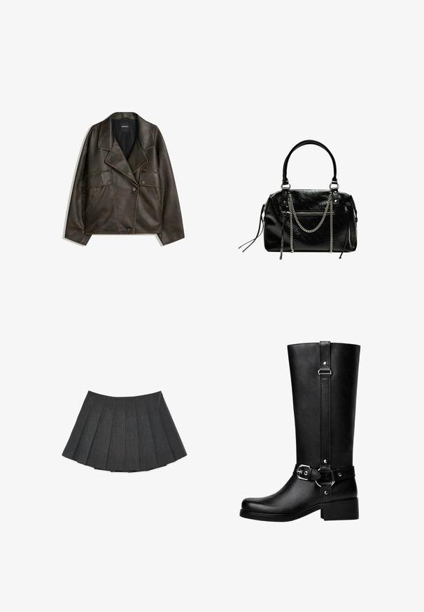 Brun kunstlæderjakke med dobbeltknap design, revers og to frontlommer. Bemærkelsesværdig pyntesyning langs sømmene.; Brun turtle-neck sweater lavet af blødt stof, med en tætsiddende design, ribbet krave og manchetter, samt en let cropped søm.; Plisseret nederdel i mørkegrå, lavet af et tekstureret stof. Har en svungen silhuet med jævnt fordelt plisseringer og et fladt taljebånd.; Høje sorte faux læder støvler med rund tå, accentbælte-spænde detaljer og en kraftig hæl. Glat tekstur og lodret søm på skaftet.; Bershka WITH CHAIN - Håndtasker - black