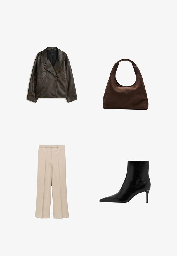 Brun faux läderjacka med dubbelknäppt design, slag och två framfickor. Anmärkningsvärd överstygnsdetaljering längs sömmarna.; Brun polotröja i mjukt tyg, med en figurnära design, ribbad krage och manschetter samt en något beskuren fåll.; Ljusbeiga vida byxor med en slät yta, som har en plisserad framsida och sidofickor, samt en åtsittande midja.; Svart ankelsko med en spetsig tådesign, tillverkad av glänsande läder. Har en stilettklack och en slät yta. Inga synliga dekorationer.; Mjuk brun hobo-väskastil med ett brett axelband och en rundad öppning upptill, visad på en vit bakgrund.