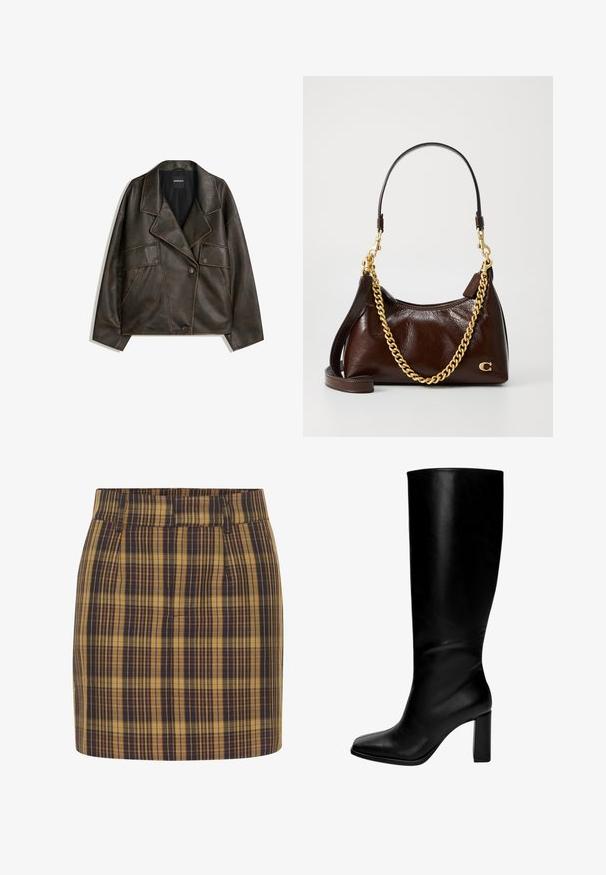 Bruine neplederen jas met een dubbelzijdig ontwerp, revers en twee voorkepers. Opvallende stikdetails langs de naden.; Bruine, chunky gebreide turtleneck trui met geribde kraag en zoom. Heeft lange mouwen en een ontspannen pasvorm, gemaakt van zachte textielmaterialen.; Geruite mini-jurk in geel en marineblauw. Heeft een hoge taille, een rechte voorkant en zijzakken, gemaakt van textuurstof met een gestructureerde vorm.; Zwarte leren laarzen tot de knie met een vierkante neus en een stevige hak. Glad textuur, aansluitend ontwerp en geen zichtbare hardware of patronen.; Bruine leren handtas met een gestructureerde afwerking, gouden kettingband, en een kort handvat, met een logo-accent aan de zijkant.