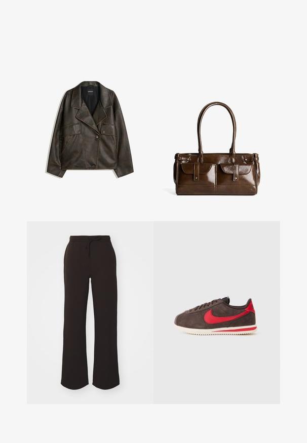 Bruine neplederen jas met een dubbelzijdig ontwerp, revers en twee voorkepers. Opvallende stikdetails langs de naden.; Donkerbruin sweater van zacht materiaal, met een ronde hals, lange mouwen en een relaxte pasvorm met geribbelde manchetten en zoom.; Gina Tricot ICONIC - Trainingsbroek - dark brown; Bruine suède Nike sneakers met rode swoosh en hieltab, witte tussenzool met rode streep en zwarte veters, zijaanzicht op witte achtergrond.; Bruine synthetische handtas met een glanzende afwerking, met twee voorvakjes, gestikte accenten en dubbele handvatten om te dragen.
