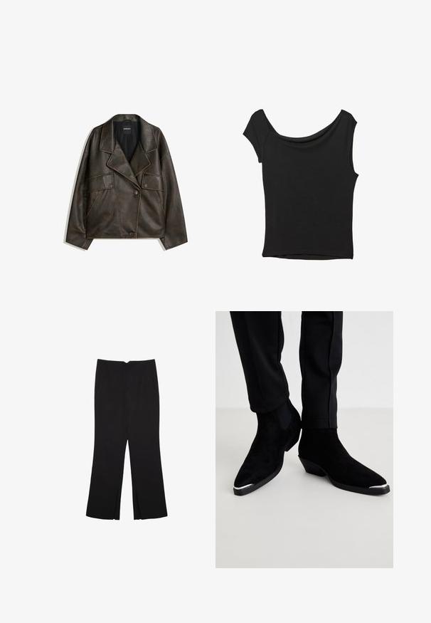 Rjava umetna usnjena jakna z dvojnim zapenjanjem, reverji in dvema sprednjima žepoma. Opazne podrobnosti šivanja vzdolž šivov.; Črna kratka majica s kratkimi rokavi iz gladkega blaga; ima drapiran izrez in asimetrično spodnjo rob, s prilegnjenim telesom.; Črne hlače ravnega kroja z naglavnimi žepi in stranskimi razporki na robu. Narejene iz mehke, gladke tkanine. Primerne za različne priložnosti.; Črne nubuk škornje do gležnjev s koničastimi prsti in nizko peto. Imajo srebrno kapico na prstih in elastične stranske panele. Nosite z črnimi ožjimi hlačami.