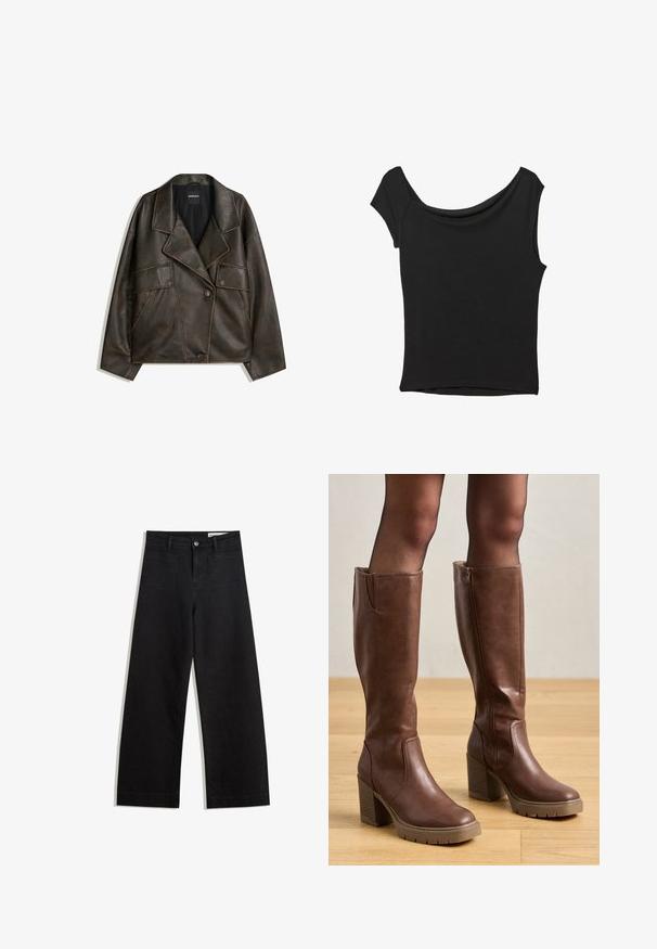 Braune Kunstlederjacke mit doppelreihigem Design, Reverskragen und zwei Vorderfächern. Auffällige Steppnähte entlang der Nähte.; Schwarzes Kurzarmoberteil aus glattem Stoff; hat einen drapierten Ausschnitt und einen asymmetrischen Saum, mit einem figurbetonten Körper.; Schwarze weit geschnittene Jeans mit hoher Taille, ausgestattet mit Vorder- und Hintertaschen, gesteppten Nähten und einem Knopfverschluss. Glatte Textur.; Anna Field Plateaustiefel - cognac