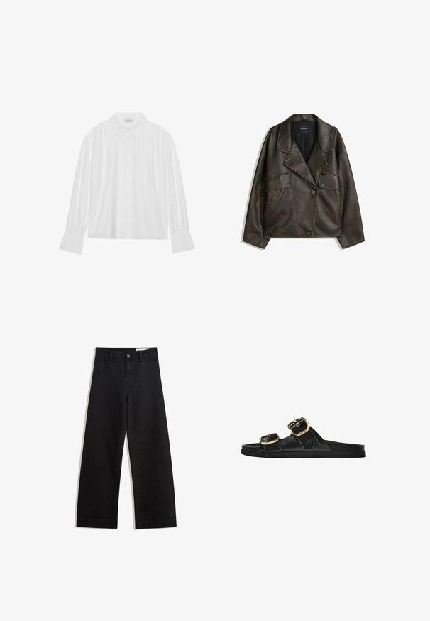 Bruine neplederen jas met een dubbelzijdig ontwerp, revers en twee voorkepers. Opvallende stikdetails langs de naden.; Witte blouse met lange mouwen, een kraag en knoopsluiting aan de voorkant, en geplooide details bij de schouders en mouwen. Gladde stofstructuur.; Zwarte denim broek met wijde pijpen en een hoge taille, voorzien van voor- en achterzakken, gestikte naden en een knoopsluiting. Gladde textuur.; Zwarte slipper met twee gouden gesps, gladde textuur, platte zool en een minimalistisch ontwerp.