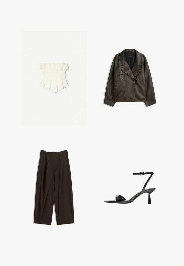 Barna műbőr dzseki, dupla gombos kialakítással, hajtókákkal és két elülső zsebbel. Figyelemre méltó díszvarrás a varratok mentén.; Fehér, vállról indított blúz, fodros széllel, smockolt melltartóval, bővülő aljjal és könnyű, finoman textúrázott anyaggal.; Sötétbarna, bő szárú nadrág magas derékkal, egyetlen gombos záródással és redős elülső résszel. Könnyű anyagból készült.; Bershka Magas sarkú szandálok - black