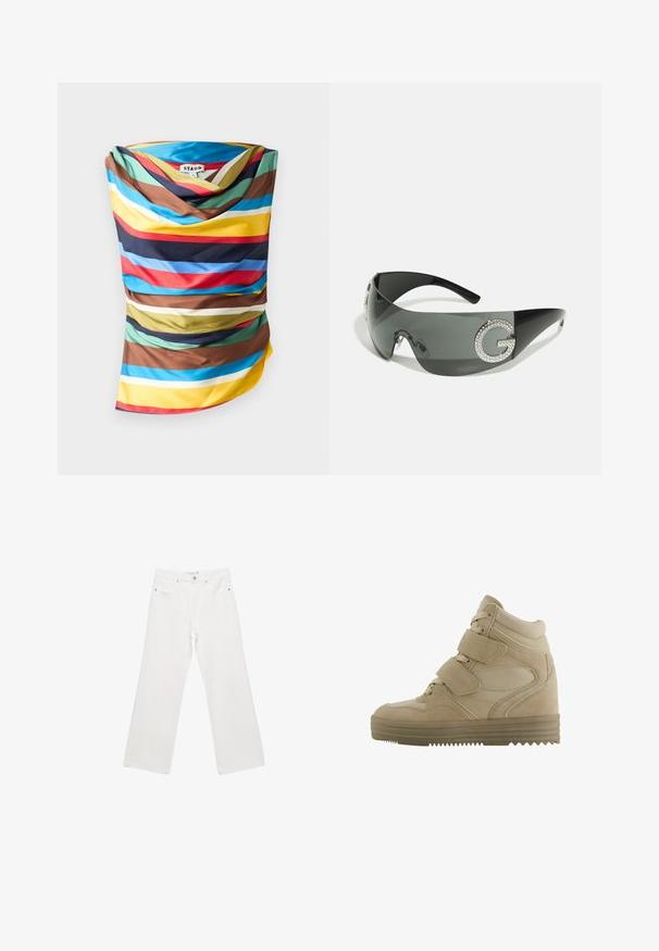 Braune Kunstlederjacke mit doppelreihigem Design, Reverskragen und zwei Vorderfächern. Auffällige Steppnähte entlang der Nähte.; Mehrfarbener Schal mit kräftigen horizontalen Streifen in Blau, Rot, Gelb, Braun und Grün. Glatter Stoff mit drapiertem Design.; Weiße Denim-Hose mit weitem Beinschnitt, ausgestattet mit einem klassischen Fünf-Taschen-Design, Metallbeschlägen und Kontrastnähten. Glatte Textur und lockere Passform.; Beige High-Top-Sneaker mit einem Design aus Wildleder und Mesh, verstellbaren Klettverschlüssen und einer dicken Gummisohle mit einem Zickzack-Muster.; Schwarze Sonnenbrille mit elegantem Design, grauen getönten Gläsern und einem großen mit Strass verzierten "G"-Logo an der Seite.