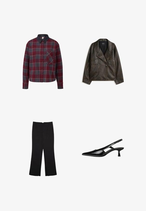 Bruine neplederen jas met een dubbelzijdig ontwerp, revers en twee voorkepers. Opvallende stikdetails langs de naden.; Overhemd met knopen in een geruit ontwerp met rode, grijze en witte vierkanten. Gemaakt van katoen, met een ribfluwelen kraag en een borstzak. Lange mouwen.; Zwarte broek met een rechte pasvorm, voorzien van zijzakken en plooien aan de onderzijde. Gemaakt van zachte, gladde stof. Geschikt voor verschillende gelegenheden.; Zwarte gepatineerde leren slingback hakken met een puntige neus, uitsparing aan de zijkant en een kleine vierkante hak. Gladde textuur met minimale accenten.