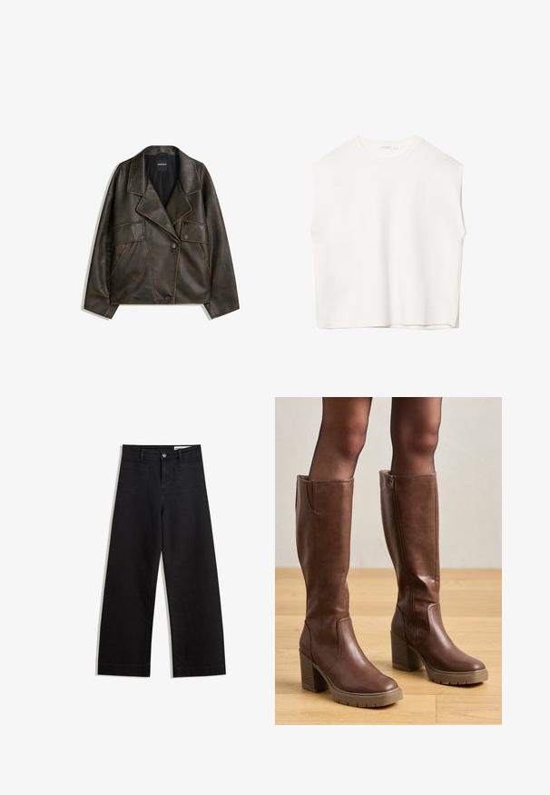 Giacca in eco-pelle marrone con design doppiopetto, revers e due tasche frontali. Dettagli di cucitura in evidenza lungo le cuciture.; Top bianco senza maniche con vestibilità morbida, scollo rotondo, texture liscia e orlo dritto. Design semplice senza motivi o accessori.; Pantaloni in denim neri a gamba larga con vita alta, dotati di tasche anteriori e posteriori, cuciture a punto, e chiusura con bottone. Texture liscia.; Anna Field Stivali con plateau - cognac