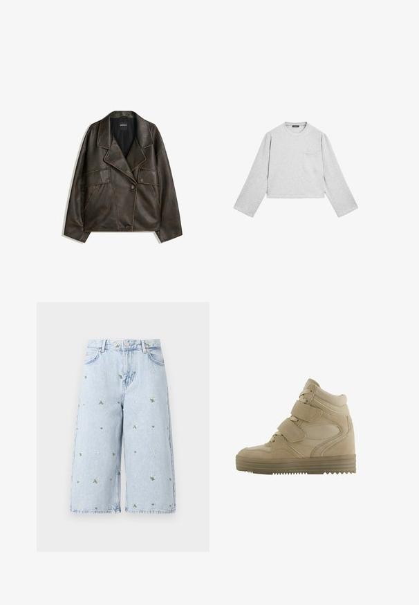 Brun faux läderjacka med dubbelknäppt design, slag och två framfickor. Anmärkningsvärd överstygnsdetaljering längs sömmarna.; Grå, kortärmad långärmad skjorta av mjukt tyg. Har rund hals och en bröstficka. Slät struktur med en avslappnad design.; Ljus tvättade denimshorts med blommig broderi, med tusensköna och gröna blad. Klassisk femficksdesign och fransad fåll.; Beiga högstövlar i sneakersstil med en design i mocka och mesh, justerbara kardborreband och en tjock gummisula med ett zigzag-mönster.