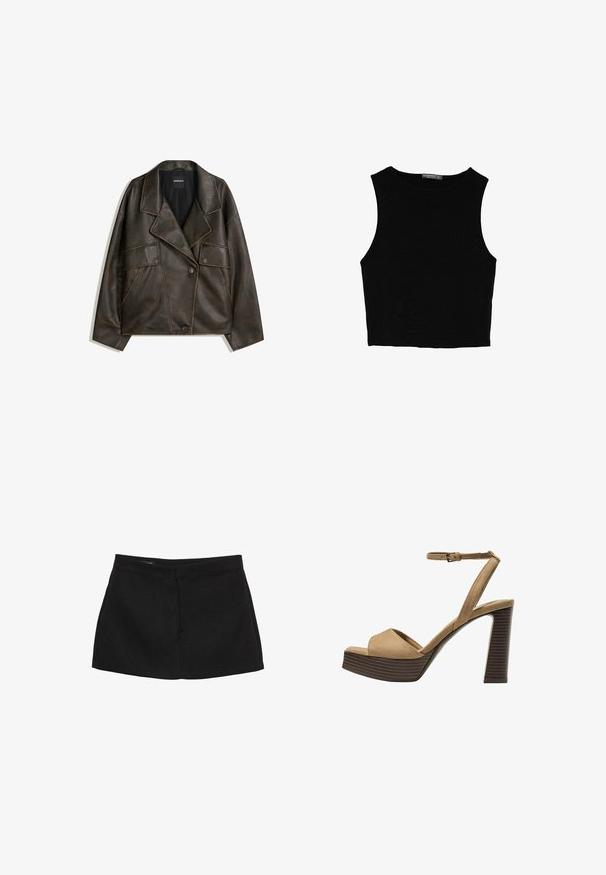 Ruskea keinonahkajakku, jossa on kaksirivinen malli, läpät ja kaksi etutaskua. Huomattava päälystikkaukset saumoissa.; Musta hihaton crop-top, joka on valmistettu sileästä kankaasta, jossa on pyöreä kaula-aukko ja siisti, yksinkertainen muotoilu ilman kuvioita tai varusteita.; Musta mini hame, jossa on rakenteellinen vyötärö, sileä pinta ja suora siluetti. Ei näkyviä taskuja tai koristeita.; Beige-nahkareunaiset korkokengät, joissa on leveä etuolka ja ankle strap, varustettu paksulla puukengän korolla, jossa on tekstuuripinta.