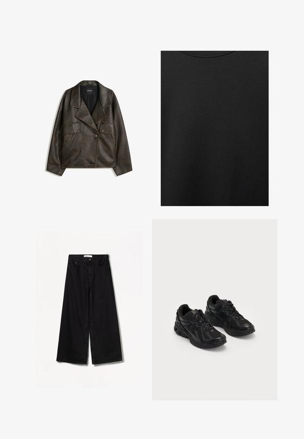 Smeđa lažna kožna jakna s dvostrukim kopčanjem, reverima i dva prednja džepa. Primjetni detalji prošiveni koncem duž šavova.; Crni pamučni materijal s glatkom teksturom i okruglim izrezom, s nježnim, ravnomjernim uzorkom. Nema vidljivih logotipa ili akcenata.; Bershka WIDE-LEG - Široke nogavice - black; Crne atletske tenisice napravljene od mrežastih i sintetičkih materijala. Imaju podstavljeni potplat, teksturirane uzorke i utisnut brend na strani.