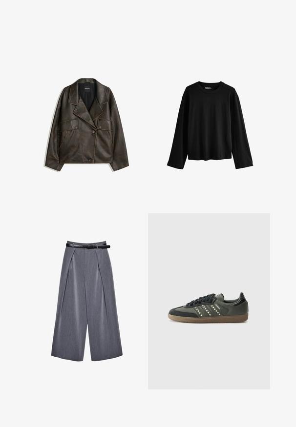 Ruskea keinonahkajakku, jossa on kaksirivinen malli, läpät ja kaksi etutaskua. Huomattava päälystikkaukset saumoissa.; Musta pitkähihainen T-paita pehmeästä puuvillasta. Ominaisuuksiin kuuluu pyöreä pääntie, rento istuvuus ja minimalistinen muotoilu ilman kuvioita tai koristeita.; Harmaat leveälahkeiset housut, joissa on etuplepaat ja musta vyö, valmistettu sileästä kankaasta, esiteltyinä valkoista taustaa vasten.; adidas Originals SAMBA OG - Matalavartiset tennarit - core black/legend earth/gum