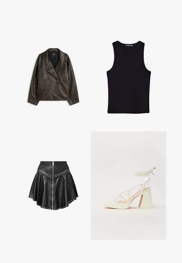 Bruine neplederen jas met een dubbelzijdig ontwerp, revers en twee voorkepers. Opvallende stikdetails langs de naden.; Zwarte tanktop gemaakt van katoen, met een ronde halslijn en brede armopeningen. Gladde textuur met gestikte zomen. Klassiek, minimalistisch ontwerp.; Zwarte leren minirok met een uitlopende ontwerp, zilveren studs langs de zoom en taille, en een rits aan de voorkant. Gladde textuur over de gehele rok.; Witte hoge hakken sandaal met een chunky hak, met een bandjesontwerp en enkelband. Gladde textuur met een plateau voor extra hoogte.