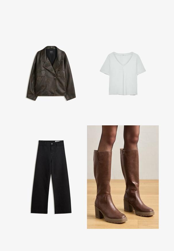 Giacca in eco-pelle marrone con design doppiopetto, revers e due tasche frontali. Dettagli di cucitura in evidenza lungo le cuciture.; T-shirt grigio chiaro a maniche corte con scollatura a V, realizzato in materiale morbido; presenta una vestibilità rilassata e cuciture pulite senza motivi.; Pantaloni in denim neri a gamba larga con vita alta, dotati di tasche anteriori e posteriori, cuciture a punto, e chiusura con bottone. Texture liscia.; Anna Field Stivali con plateau - cognac