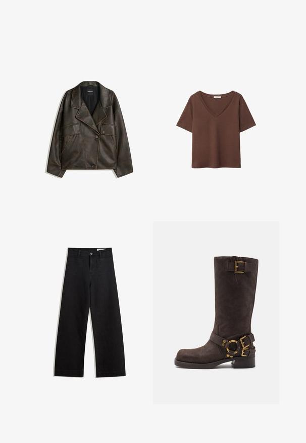 Hnedá umelá kožená bunda s dvojradovým designom, klopami a dvoma prednými vreckami. Výrazné prešitie pozdĺž švov.; Hnedé bavlnené tričko s krátkymi rukávmi a hlbokým V-výstrihom. Jednoduchý dizajn, jemná textúra a rovný lem. Bez vzorov alebo akcentov.; Čierne denimové nohavice s širokými nohavicami a vysokým pásom, so prednými a zadnými vreckami, šitými švami a zapínaním na gombík. Hladká textúra.; Hnedé zamšové čižmy po kolená s okrúhlou špičkou, zlatými doplnkami, dvomi prackami a nízkym hrubým podpätkom.