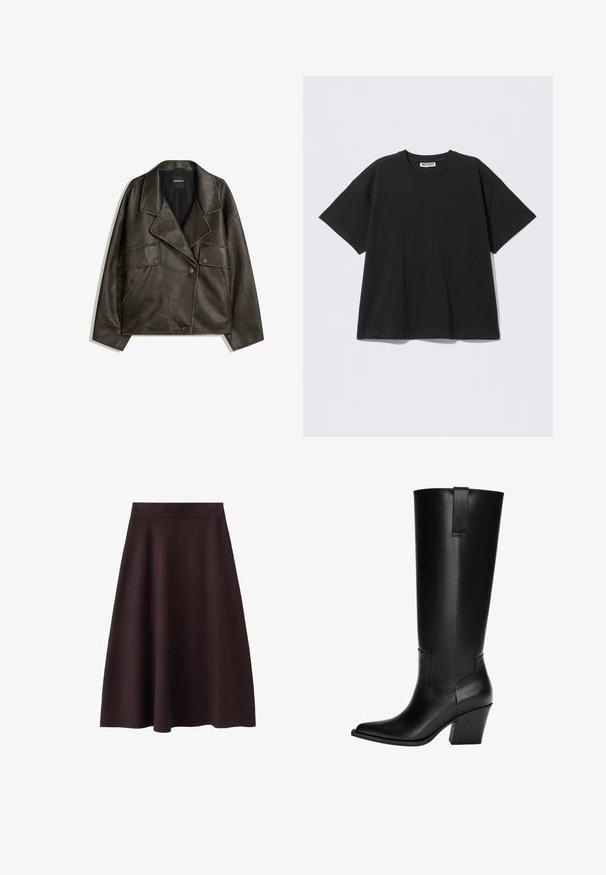 Hnědá faux kožená bunda s dvojitým zapínáním, klopami a dvěma předními kapsami. Výrazné prošívání podél švů.; Černé over-sized tričko z bavlny s kulatým výstřihem a krátkými rukávy. Jednoduchý design bez vzorů a ozdob.; Tmavě hnědá, sukně do kol A-linie s hladkou texturou a upnutým pasem. Žádné viditelné vzory nebo akcenty. Jednoduchý design.; Černé kožené boty až ke kolenům s špičatou špičkou, blokovým podpatkem a bočním švem. Obsahuje zadní poutko pro snadné obouvání.