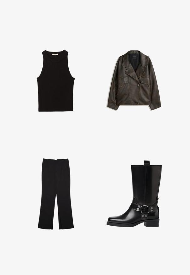 Brun kunstlæderjakke med dobbeltknap design, revers og to frontlommer. Bemærkelsesværdig pyntesyning langs sømmene.; Sort ærmeløs tanktop i et glat, strækbart stof; har en rund halsudskæring og et tætsiddende design uden yderligere mønstre eller kontraster.; Sorte bukser med lige pasform, der har frontlommer og slidser i kanten. Lavet af blødt, glat stof. Velegnet til forskellige anledninger.; Sort læderknæhøj støvle med spids tå, sølv spænde detaljer og en robust hæl. Har en trækflap for nem påtagning.