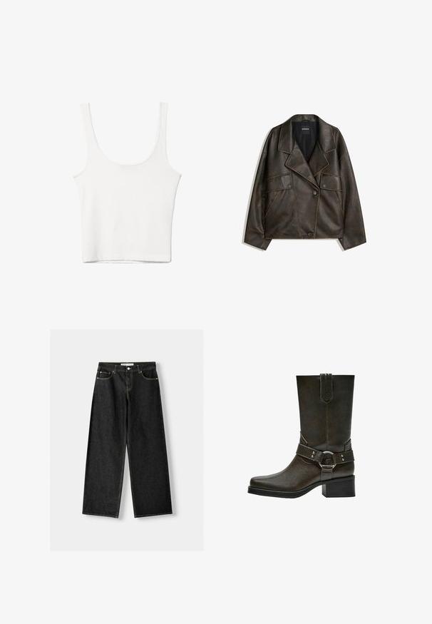 Brązowa kurtka ze sztucznej skóry z podwójnym zapięciem, klapami i dwoma przednimi kieszeniami. Zauważalne przeszycia dekoracyjne wzdłuż szwów.; Biały bawełniany top na ramiączkach z okrągłym dekoltem, bez rękawów, o dopasowanym kroju. Gładka tekstura, prosty fason i minimalne detale szwowe.; Czarne dżinsy o szerokich nogawkach z pięcioma kieszeniami, metalowym guzikiem i zapięciem na zamek, oraz kontrastowym żółtym przeszyciem wzdłuż szwów.; Brązowy skórzany botek za kostkę z kwadratowym czubkiem, niskim blokowym obcasem i dekoracyjnym paskiem z klamrą w kolorze srebrnym. Gładka tekstura, prosty design.
