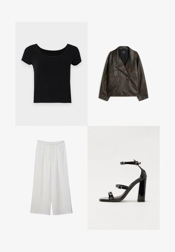 Brun faux läderjacka med dubbelknäppt design, slag och två framfickor. Anmärkningsvärd överstygnsdetaljering längs sömmarna.; Svart kortärmad t-shirt med bred rundad hals, tillverkad av ett mjukt, elastiskt tyg, med en figurnära passform och utan ytterligare mönster.; Vita vida byxor i lätt tyg med elastisk midja och dragsko för justerbar passform. Mjuk textur.; Svarta lackerade klacksandaler med fyrkantig tå, ankelremmar och silverfärgade spännen. Har en kraftig blockklack för stabilitet.