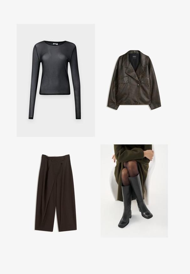 Barna műbőr dzseki, dupla gombos kialakítással, hajtókákkal és két elülső zsebbel. Figyelemre méltó díszvarrás a varratok mentén.; Fekete, hosszú ujjú blúz áttetsző anyagból, kerek nyakkivágással és szűk szabással, finoman szegélyezett széllel.; Sötétbarna, bő szárú nadrág magas derékkal, egyetlen gombos záródással és redős elülső résszel. Könnyű anyagból készült.; Térdfelett érő fekete bőr csizmák négyzet alakú orral és tömbtalppal, olajzöld kabátban ülő modellel bemutatva. Simaság, minimalista részletezés.