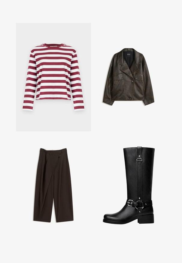 Hnědá faux kožená bunda s dvojitým zapínáním, klopami a dvěma předními kapsami. Výrazné prošívání podél švů.; Selected Femme SLFESSENTIAL BOXY TEE - Top s dlouhým rukávem - zinfandel; Tmavě hnědé široké kalhoty s vysokým pasem, vybavené jedním tlačítkem na zapínání a plisovaným předním dílem. Vyrobené z lehkého materiálu.; Vysoké černé boty z umělé kůže s kulatou špičkou, detailem s přezkou na pásku a širokým podpatkem. Hladký povrch a vertikální šev na holeně.