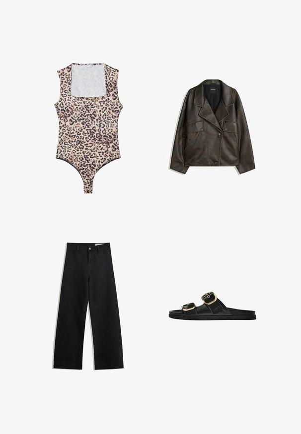 Veste en cuir synthétique marron avec un design à double boutonnage, des revers et deux poches avant. Détails de surpiqûre notables le long des coutures.; Body en imprimé léopard avec un col arrondi, sans manches, en tissu doux, et fermeture à pression en bas. La palette de couleurs comprend beige et noir.; Pantalon en denim noir à jambes larges avec une taille haute, comprenant des poches avant et arrière, des coutures piquées et une fermeture à bouton. Texture lisse.; Sandale noire à glissière avec deux accents de boucle en or, en matériau lisse, semelle plate et design minimaliste.