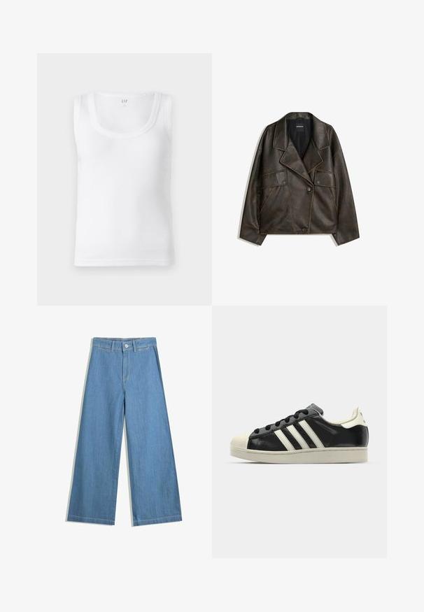 Jachetă din piele ecologică maro, cu un design cu două rânduri de nasturi, rever și două buzunare frontale. Detalii notabile de cusătură pe țărmuri.; Top înălțat alb cu un decolteu rotund și bretele late. Fabricat dintr-un material ușor. Se remarcă printr-un design curat și simplu, fără broderii.; Jeans din denim de culoare albastră deschisă, cu croi larg, având închidere cu buton, bucle pentru brâu și detalii de cusătură subtile.; Sneaker din piele neagră cu dungi albe, vârf din cauciuc, șireturi negre și talpă de culoare crem. Textură netedă cu finisaj strălucitor.