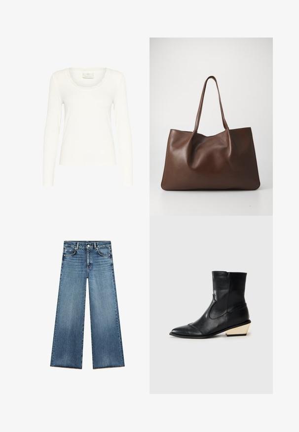 Brun kunstlæderjakke med dobbeltknap design, revers og to frontlommer. Bemærkelsesværdig pyntesyning langs sømmene.; Langærmet hvid top lavet af ribbet stof, med en bølget halsudskæring og tætsiddende design. Etiketten siger "KAFFE." Glat tekstur.; Lysblå vide jeans lavet af denim med høj talje, som har fem lommer, kontrasterende syninger og frynset kant nederst.; Sorte læder ankelstøvler med spids tå, der har en unik geometrisk hæl med guld-accenter og en glat, elegant finish.; Brun læder tote bag med et blødt, slapt design. Har to lange håndtag og en glat tekstur uden synligt hardware eller mønstre.