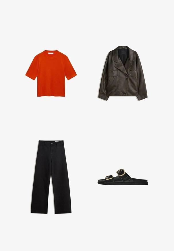 Hnedá umelá kožená bunda s dvojradovým designom, klopami a dvoma prednými vreckami. Výrazné prešitie pozdĺž švov.; Krátky rukáv oranžové tričko vyrobené z mäkkého materiálu, s klasickým okrúhlym výstrihom a voľným strihom s rovnomerným lemom a bez viditeľných vzorov.; Čierne denimové nohavice s širokými nohavicami a vysokým pásom, so prednými a zadnými vreckami, šitými švami a zapínaním na gombík. Hladká textúra.; Čierne šľapky s dvoma zlatými prackami, hladký textúrovaný materiál, plochá podrážka a minimalistický dizajn.
