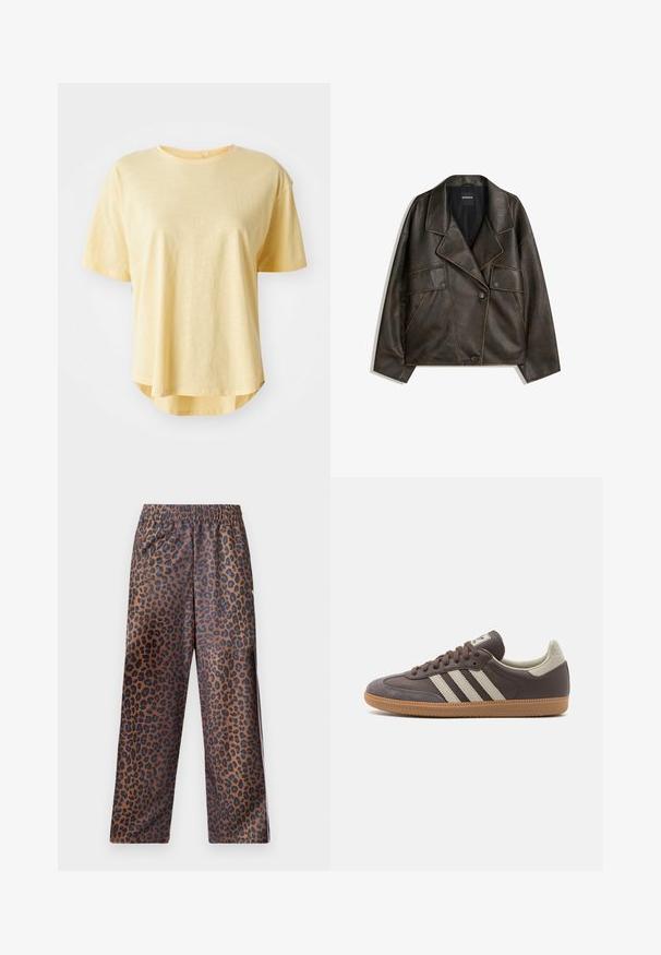 Jachetă din piele ecologică maro, cu un design cu două rânduri de nasturi, rever și două buzunare frontale. Detalii notabile de cusătură pe țărmuri.; Tricou galben cu mânecă scurtă, croi lejer, decolteu rotund, margine ușor curbată și textură moale a materialului.; Pantaloni cu imprimeu de leopard, cu talie elastică. Confecționați dintr-un material lucios, având o bază maro cu pete negre și un design lejer.; Tenisi din piele maro cu trei dungi de culoare deschisă, talpă din cauciuc de tip gumă, vârf rotunjit și accente din suede texturat la călcâi și vârf.
