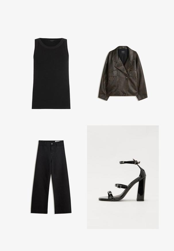 Ruskea keinonahkajakku, jossa on kaksirivinen malli, läpät ja kaksi etutaskua. Huomattava päälystikkaukset saumoissa.; AllSaints RINA - Toppi - black; Mustat leveät farkut korkealla vyötäröllä, joissa on etu- ja takataskut, ommellut saumat ja nappisuljenta. Silkinoinen rakenne.; Musta kiiltävä korkokenkä sandaalit neliönmuotoisella varpaalla, nilkkaremmillä ja hopeisilla soljilla. Varustettu tukevalla lohkokorkealla vakauden takaamiseksi.