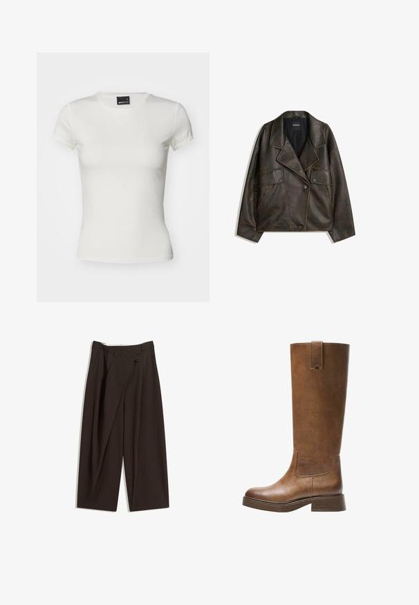 Hnědá faux kožená bunda s dvojitým zapínáním, klopami a dvěma předními kapsami. Výrazné prošívání podél švů.; Bílý krátký rukáv triko z bavlny. Má klasický kulatý límec a přiléhavý střih s hladkou strukturou. Viditelná značka.; Tmavě hnědé široké kalhoty s vysokým pasem, vybavené jedním tlačítkem na zapínání a plisovaným předním dílem. Vyrobené z lehkého materiálu.; Hnědé kožené vysoké boty na kolena s kulatou špičkou, texturovaným povrchem a nízkým patem s podstavcem. Obsahují boční panel a poutko na horní části.