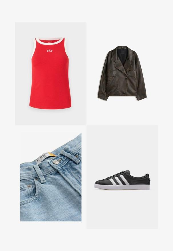 Hnedá umelá kožená bunda s dvojradovým designom, klopami a dvoma prednými vreckami. Výrazné prešitie pozdĺž švov.; Červený rebrovaný tielko s bielym lemom a logom GAP na hrudi. Bez rukávov, voľný strih, vyrobené z jemného bavlneného materiálu.; Svetlomodré denimové džínsy s uvoľneným strihom bootcut, s pásom strednej výšky, kovovým zapínaním a etiketu s nápisom "UVOĽNENÝ BOOTCUT."; Čierne kožené tenisky s bielym trojpruhovým dizajnom, zaoblenou špičkou, plochou bielou gumovou podrážkou a značkovým detailom na boku.