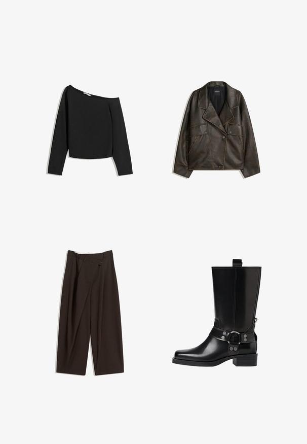 Ruskea keinonahkajakku, jossa on kaksirivinen malli, läpät ja kaksi etutaskua. Huomattava päälystikkaukset saumoissa.; Mustat olkapäiltä paljaat pitkähihaiset paidat, jotka on valmistettu pehmeästä kankaasta. Ominaisuuksiin kuuluu lyhyt malli, jossa on leveä kaula-aukko ja tiukat hihat.; Tummanruskeat leveälahkeiset housut, joissa on korkea vyötärö, yhden napin sulkea ja pleatattu etuosa. Valmistettu kevyestä kankaasta.; Musta nahkasaapas polven yläpuolelle, jossa on terävä kärki, hopeiset solkiyksityiskohdat ja paksu korko. Varustettu vetotapilla helppoa pukemista varten.