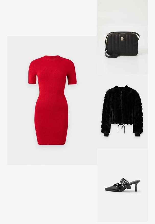 Fekete műszőrme cropped dzseki cipzáras elülső résszel, bordázott mandzsettákkal és zsinóros alsó résszel. Textúrált anyag, pufók, csíkos mintázattal.; Piros kötött ruha rövid ujjakkal, szűk fazonban és kerek nyakkivágással. Az elején kiemelkedő "bango" szöveg részlet található.; Fekete magassarkú mules, hegyes orral, sima bőrből készült. Széles bokapántja van, négyzet alakú ezüst csattal és szegecsekkel.; Fekete, steppelt keresztpántos táska szintetikus anyagból, arany színű fémkiegészítőkkel, cipzáras záródással és logóval az elején.